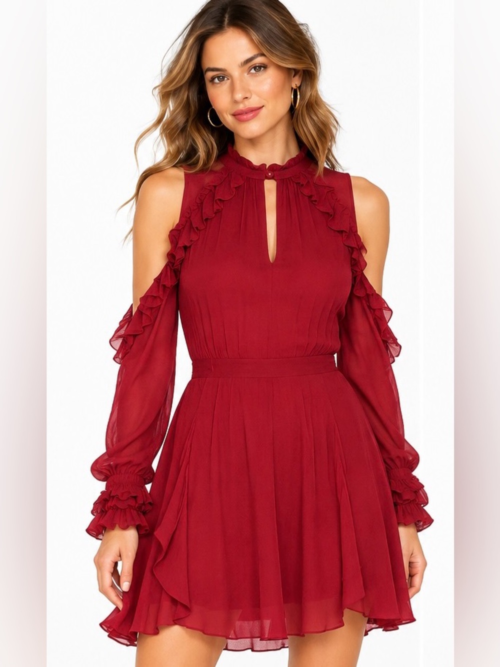 IRO NWT Hanie Wine Ruffle Cold Shoulder Mini Dress Size 38 US 6